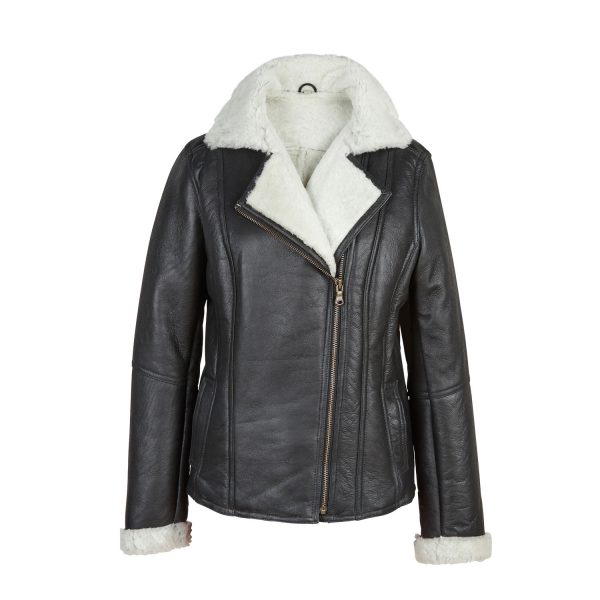 Womens Black/Cream Sheepskin Flying Jacket Ella Womens Black/Cream Sheepskin Flying Jacket Ella
