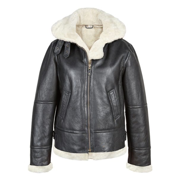 Womens Black Sheepskin Flying Jacket with White wool Holly Womens Black Sheepskin Flying Jacket with White wool Holly