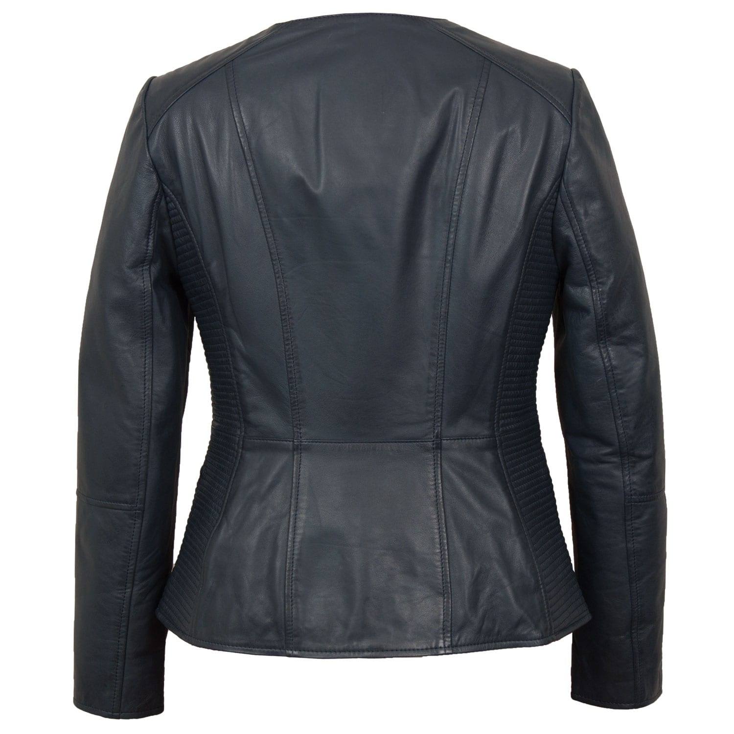 navy collarless leather jacket