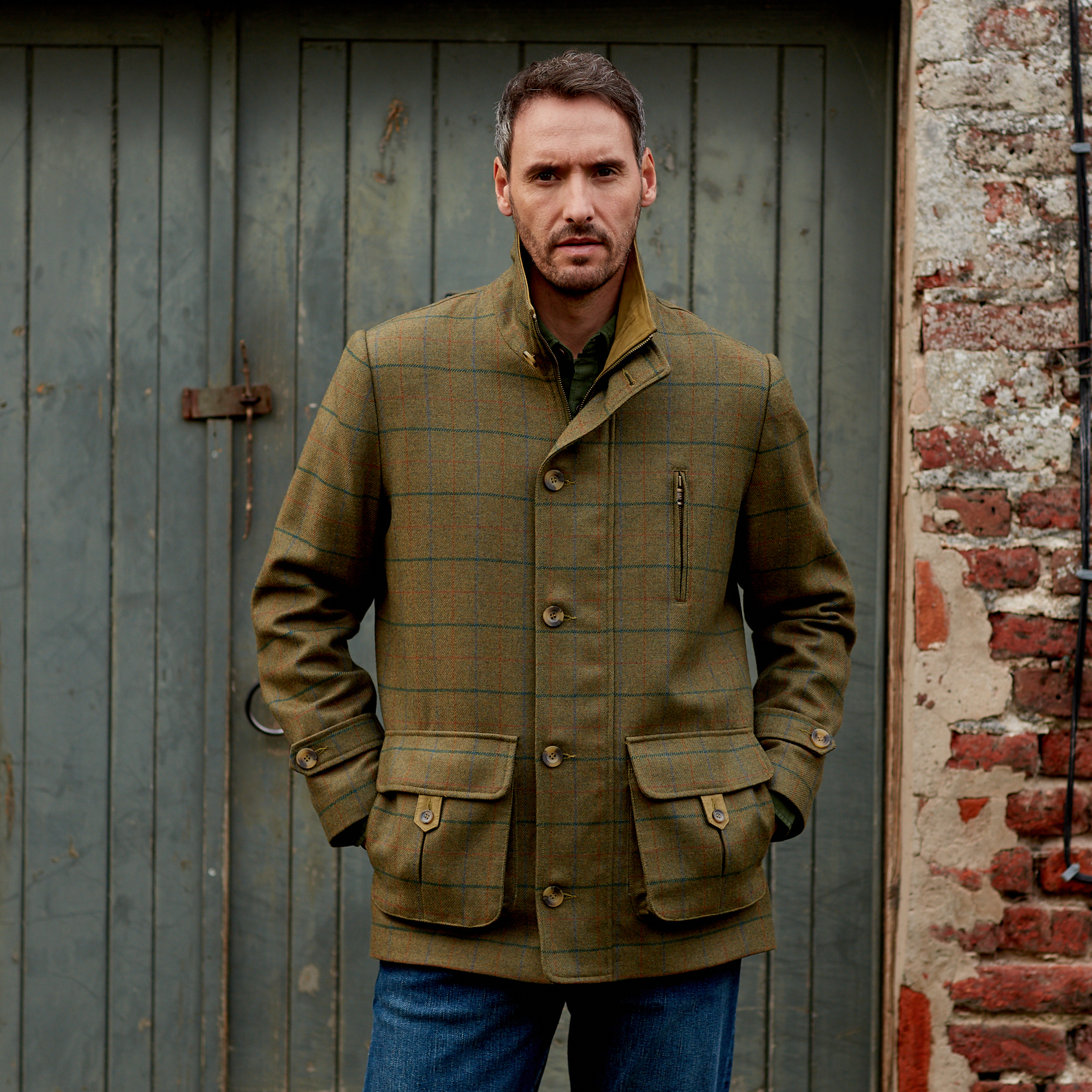 Brown Tweed Hewitt Olive coat - Front View